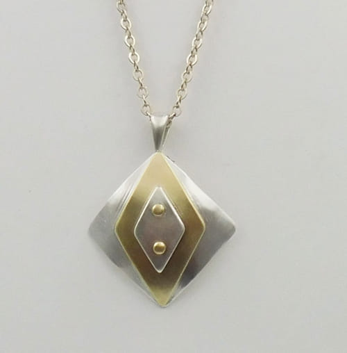 DKC-1115 Necklace, square with brass pendant $150 at Hunter Wolff Gallery